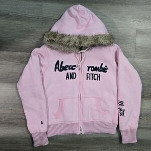 Vtg Abercrombie & Fitch Pink Faux Fur Hood Zip Up Hoodie Y2K Appliqué Large Read